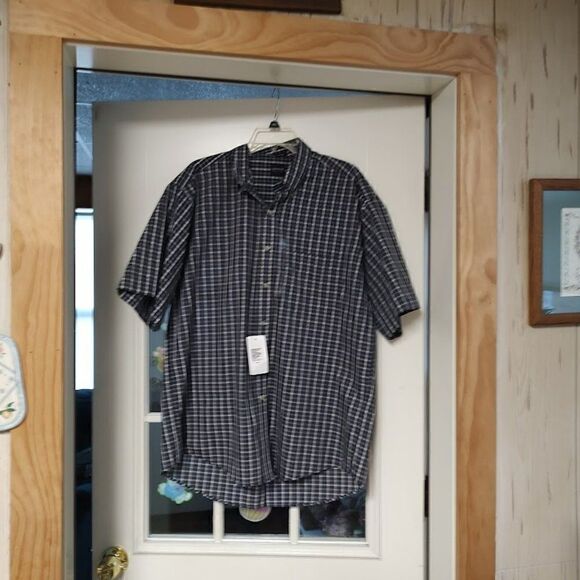 New Arrow Navy Blue Checked Short Sleeve Button Down Shirt Size Men's L - Picture 1 of 2